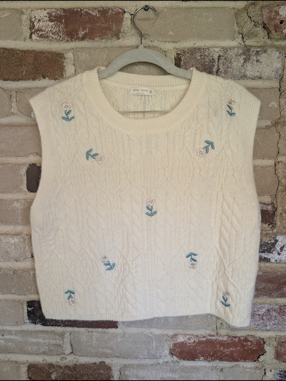 Miss Love Cream Cable Knit Embroidered Sleeveless Vest